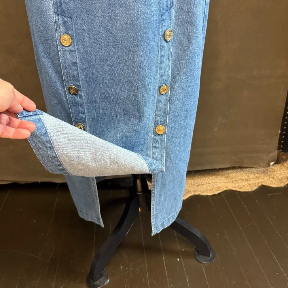 Vintage 80s 90s City Girl Sport Denim Skirt Women’s 14 High Waist Midi Blue Gold